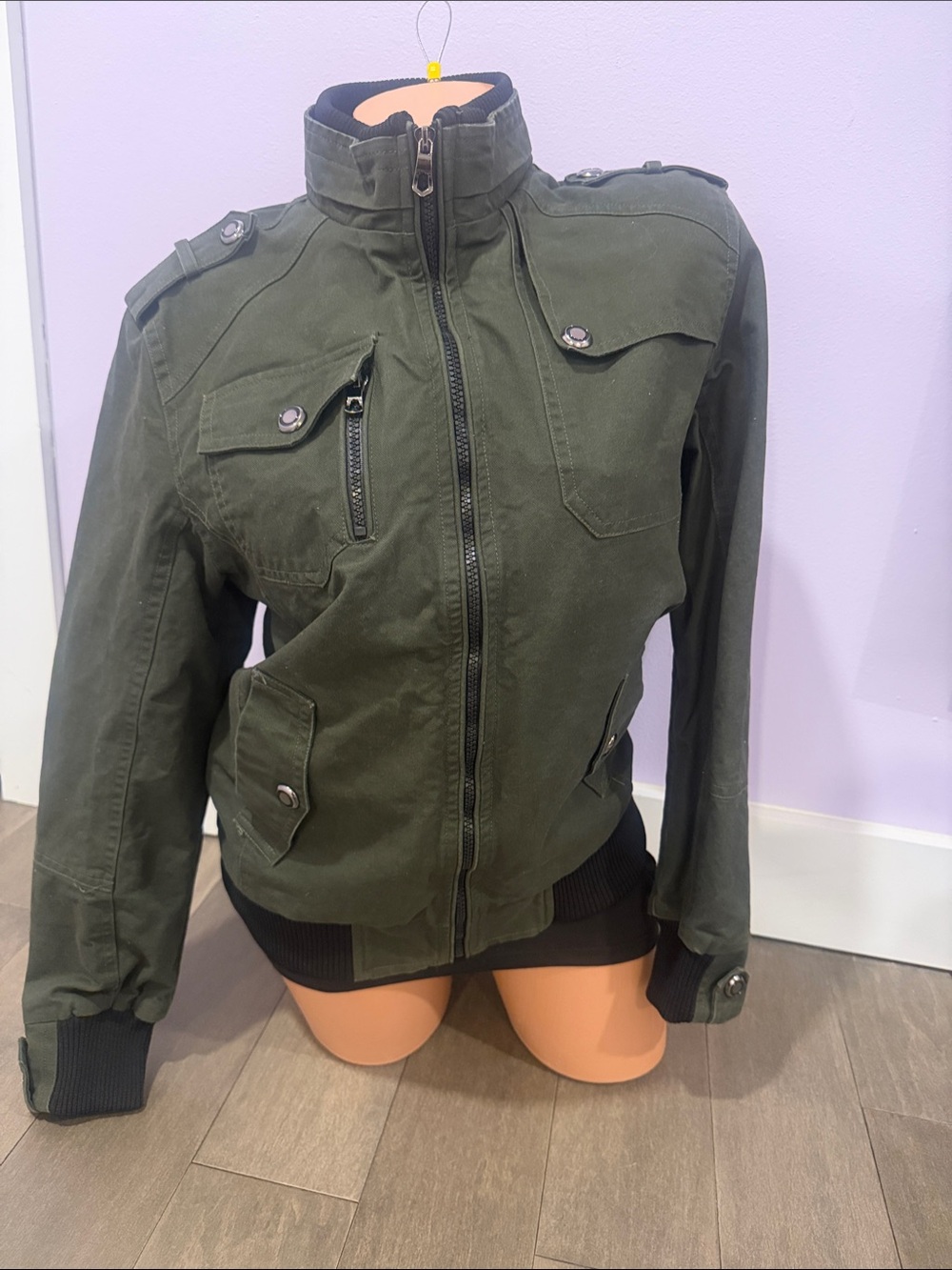 Women's Olive Utility Jacket with High Collar. Made by.. Yi Jian Mei